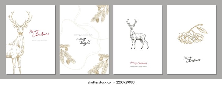 Holiday cards with Christmas tree, reindeers, floral, background and copy space. Universal artistic templates. Vector.