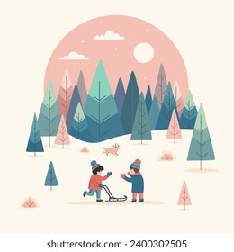 Holiday cards. Congratulations on winter, New Year and Christmas. Cozy illustrations with a winter landscape, happy children and beautiful nature. Great gift and cute cards.	