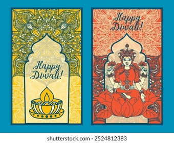 Holiday cards for Diwali celebration with Lakshmi Goddess and traditional candle, vector illustration