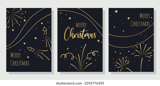 Holiday cards with golden fireworks, stars and Merry Christmas lettering. Three templates for greeting card, layout, flyer, invitation or advertisement. Vector graphics