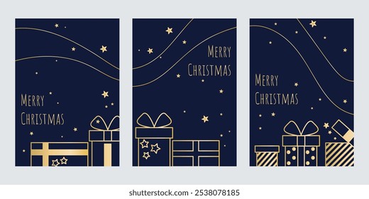 Holiday cards with golden gifts, stars and Merry Christmas lettering. Three templates for greeting card, layout, flyer, invitation, or advertisement. Vector graphics