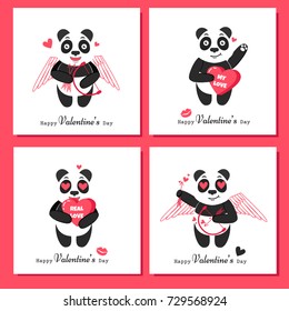 Holiday cards with panda cupid, hearts and kiss. Happy Valentine's Day. Love you. 