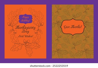 Holiday cards for Thanksgiving Day with oak leaf decoration, vector illustration