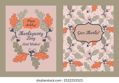 Holiday cards for Thanksgiving Day with oak leaf decoration, vector illustration