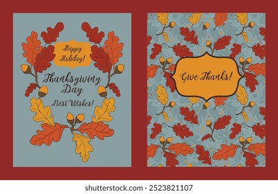 Holiday cards for Thanksgiving Day with oak leaf decoration, vector illustration