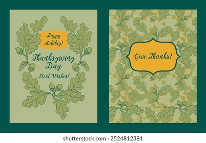 Holiday cards for Thanksgiving Day with oak leaf decoration, vector illustration