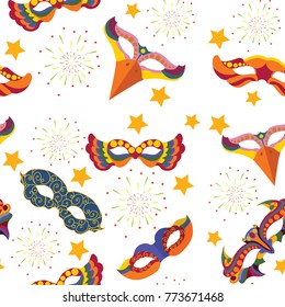 holiday , carnival, party ,vector seamless pattern, masks and fireworks