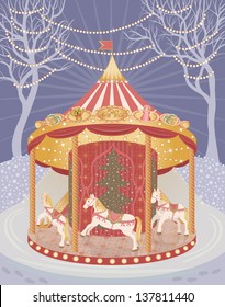 Holiday carousel with horses.  Park of entertainments. Celebratory scenery with attraction. Eve of Christmas and New year. Congratulatory postcard or the poster.