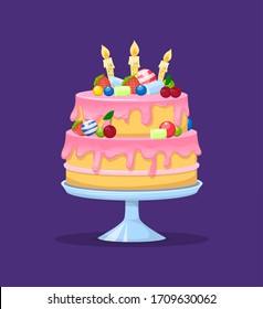 Holiday cartoon cake. Colorful delicious desserts, birthday cake with candles and glaze. Decorative cake for holiday celebration. Sweet baked pie, fruit dessert for gourmet. Vector illustration.