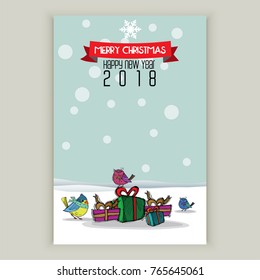 Holiday cartoon card, Merry Christmas and happy new year, Cute birds, gift box and snow Hand drawn, vector