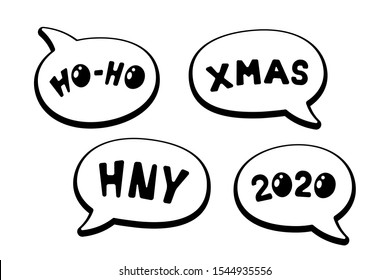 Holiday cartoon comic speech bubble sticker collection with various messages HO-HO XMAS HNY and 2020. Merry Christmas and Happy New Year label set vector illustration