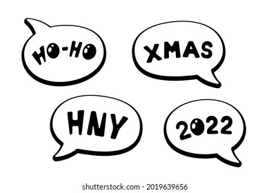 Holiday cartoon comic speech bubble sticker collection with various messages HO-HO, XMAS, HNY, 2022. Merry Christmas and Happy New Year label set eps vector illustration
