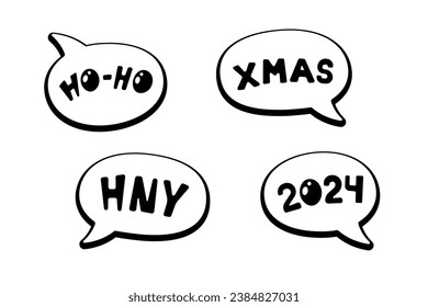 Holiday cartoon comic speech bubble sticker collection with various messages HO-HO, XMAS, HNY, 2024. Merry Christmas and Happy New Year label set vector illustration