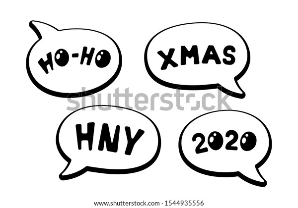Ho Ho Xmas Hnyとのさまざまなメッセージを掲載した ホリデーマンガの吹き出しシールコレクション メリークリスマスと ハッピーニューイヤーのラベルセットベクターイラスト のベクター画像素材 ロイヤリティフリー