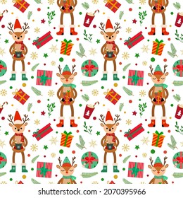 Holiday cartoon deers with gifts, drinks, branches. snowflakes. Vector seamless pattern. Isolated on white background. For wrapping paper, textile, wallpaper.