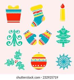 Holiday cartoon icons Christmas set. Gift box, stocking, burning candle, tree, mittens, holly, ball, snowflake isolated