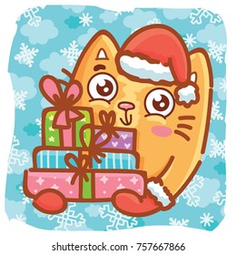 Holiday cartoon illustration with cute ginger Cat character holding gift, present boxes on winter background. Art in vector hand drawn, doodle style for greeting card, poster, banner, invitation