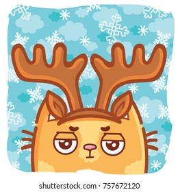 Holiday cartoon illustration with cute ginger Cat character wearing deer horns on winter background. Art in vector hand drawn, doodle style for greeting card, poster, banner, invitation