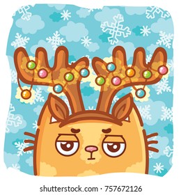 Holiday cartoon illustration with cute ginger Cat character wearing deer horns on winter background. Art in vector hand drawn, doodle style for greeting card, poster, banner, invitation