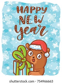 Holiday cartoon illustration with cute grizzly Bear character holding gift, present box. Happy New Year lettering. In vector hand drawn, doodle style for card, poster, banner, invitation