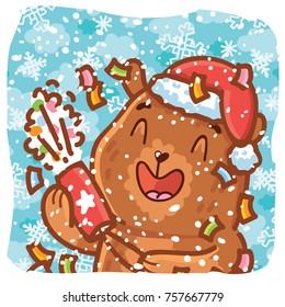 Holiday cartoon illustration with cute grizzly Bear character holding party popper on winter snow background. Art in vector hand drawn, doodle style for greeting card, poster, banner, invitation