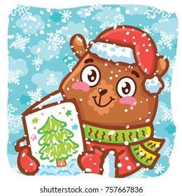 Holiday cartoon illustration with cute grizzly Bear character holding greeting card with Christmas tree on winter snow background. Art in vector hand drawn, doodle style for card, poster, banner