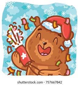 Holiday cartoon illustration with cute grizzly Bear character holding party popper on winter background. Art in vector hand drawn, doodle style for greeting card, poster, banner, invitation