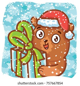 Holiday cartoon illustration with cute grizzly Bear character holding gift, present box on winter snow background. Art in vector hand drawn, doodle style for greeting card, poster, banner, invitation