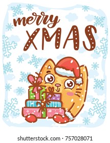 Holiday cartoon illustration with cute hand drawn ginger Cat character. Happy New Year, Merry Christmas lettering, calligraphy text. Art in vector doodle style for card, poster, banner, invitation