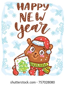 Holiday cartoon illustration with cute hand drawn grizzly Bear character. Happy New Year, Merry Christmas lettering, calligraphy text. Art in vector doodle style for card, poster, banner, invitation