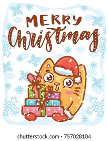 Holiday cartoon illustration with cute hand drawn ginger Cat character. Happy New Year, Merry Christmas lettering, calligraphy text. Art in vector doodle style for card, poster, banner, invitation