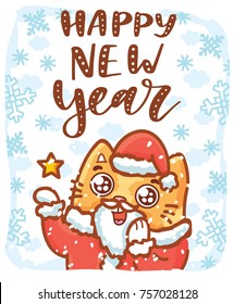 Holiday cartoon illustration with cute hand drawn ginger Cat character. Happy New Year, Merry Christmas lettering, calligraphy text. Art in vector doodle style for card, poster, banner, invitation
