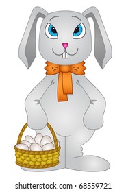 Holiday cartoon, rabbit bunny with a basket of Easter eggs