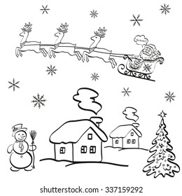 Holiday Cartoon, Santa Claus Flying in a Snowy Sky in a Sleigh with Reindeer on a Landscape with Christmas Tree, a Snowman and Houses. Black Contours on White Background. Vector