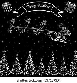 Holiday Cartoon, Santa Claus Flying in Sleigh on Reindeer Over the Fir Trees, on Top of the Picture a Box, Bells and Ribbon with Inscription Mary Christmas, White Contours on Black Background. Vector