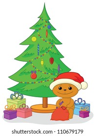 Holiday cartoon, teddy bear Santa Claus with gifts under the Christmas tree. Vector