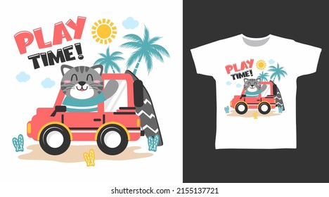 Holiday cat in car cartoon tshirt art design