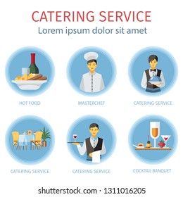 Holiday catering service flat illustrations set. Restaurant, cafe, cafeteria cartoon design elements. Waiters, barmen, chef cook and food clipart collection. Banquet poster, web banner vector drawings