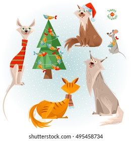 Holiday for cats. Four cats, mouse and Christmas tree decorated with fishes. Christmas greeting card.  Vector illustration.