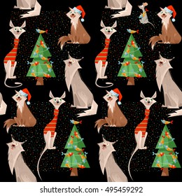 Holiday for cats. Cats, mouse and Christmas tree decorated with fishes.  Seamless background pattern. Vector illustration.
