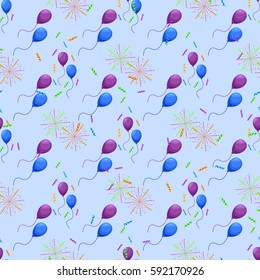 Holiday celebrating seamless pattern. Flying balloons, fireworks and confetti flat vector. Party attributes for gift wrapping paper, greeting and invitations cards, printing materials design