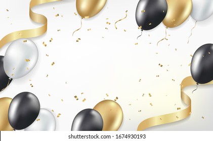 Holiday celebration background with golden, black and white balloons, gold sparkles confetti and ribbons. Light background. Realistic 3d style. Vector illustration.