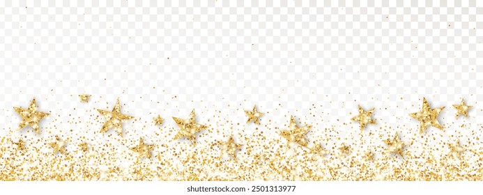 Holiday celebration background. Golden glitter stars decoration isolated.Confetti frame for Christmas, birthday, wedding invitations, party posters.Transparent background can be removed in vector file