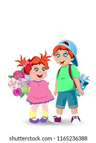 Holiday celebration clip art of boy and girl characters for happy birthday, back to school, teachers day, grandparents day. Cartoon vector illustration of cute little kids with flowers and present. 