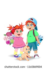 Holiday celebration clip art of boy, girl and baby avatars for happy birthday, back to school, teachers day, grandparents day. Cartoon vector illustration of cute little kids with flowers and present