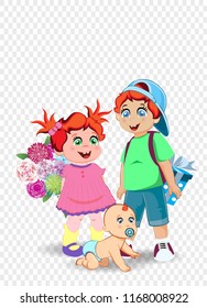 Holiday celebration clip art of boy, girl and baby characters for happy birthday, back to school, teachers, grandparents day. Cartoon vector illustration of cute little kids with flowers and present
