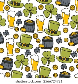 Holiday Celebration with Clover, Beer, and Gold. The pattern is perfect for St Patrick Day decorations, gift wraps, party invitations, and digital designs. With joy and charm of the Irish celebration