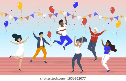 Holiday and celebration concept with diverse multiracial people dancing and jumping for joy. Flat cartoon vector illustrations with fictional characters.