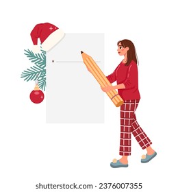 Holiday celebration concept with girl in Christmas pajamas. Woman with big pencil in festive hat writes goals and wish list on large sheet for xmas or new year.