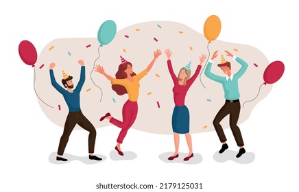 Holiday celebration concept. Men and women with balloons and confetti. Disco or party, friends dancing. Poster or banner for website, special offer for clients. Cartoon flat vector illustration